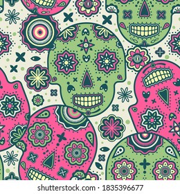 Girly Green and pink fun sugar skull pattern. Vector seamless pattern design for textile, fashion, paper, packaging and branding. 