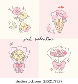 Girly Groovy Valentine Pink tone vector illustration collection element