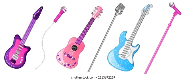 Girly Guitars and Microphones Set in Fun Colors. Vector Illustration