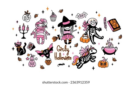 Girly Halloween. Little girl in a Halloween costume. Halloween characters. Set of kid illustrations. Vector.