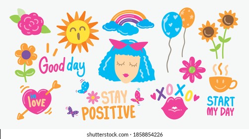 Girly hand drawn stickers vector set with positive words.