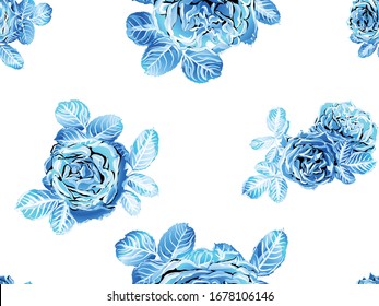 Girly Hawaiian Peony Background. Botanic Rose Flower Swimwear Print. Continuous Floral Design.Summer Peonies Leaves and Buds Sleepwear Texture. Rose Seamless Pattern. Classic Blue and Indigo