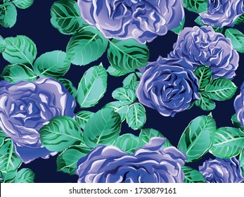 Girly Hawaiian Peony Background. Botanic Rose Flower Swimwear Print. Continuous Floral Design.Summer Peonies Leaves and Buds Sleepwear Texture. Rose Seamless Pattern. Classic Blue and Green
