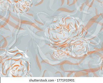 Girly Hawaiian Peony Background. Botanic Rose Flower Swimwear Print. Continuous Floral Design.Summer Peonies Leaves and Buds Sleepwear Texture. Rust Orange and Yellow Rose Seamless Pattern.
