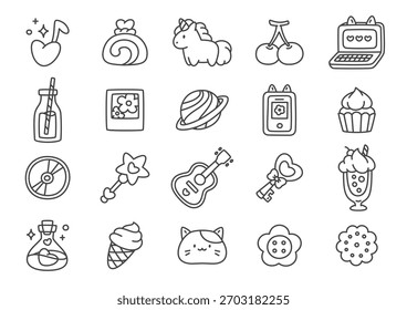 Coleção de ícones femininos. Um conjunto de ilustrações monocromáticas bonitas com objetos adoráveis, como um unicórnio, cupcakes, chaves, planetas e itens mágicos. Adesivos Kawaii. Vetor 10 EPS.