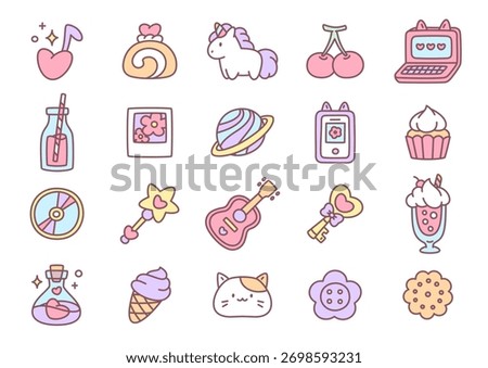 Girly icon collection. A set of cute illustrations in pastel tones, featuring adorable objects such as a unicorn, cupcakes, keys, planets, and magic items. Kawaii stickers. Vector 10 EPS.