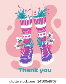 Girly legs dressed in socks decorated with pink hearts prints and sneakers. Thank you vector positive poster. Stylish underwear, fashion footwear accessories with blossom flowers