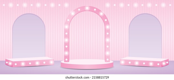 girly light bulb arch backdrop stage and display box on sweet pastel background 3d illustration vector for putting your object