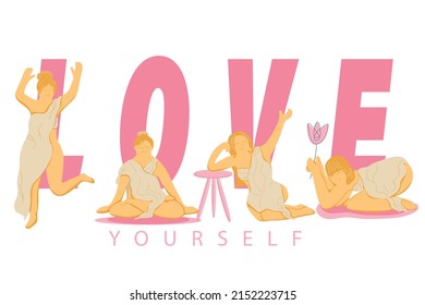 A girly motivational banner with girls and the inscription "Love yourself". Design for print on t-shirts, postcards, posters, advertising banners. Girls on the background of the word Love isolated 