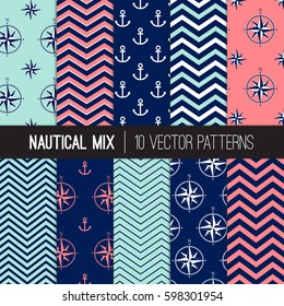 Girly Nautical Patterns in Navy Blue, Coral Pink and Aqua Chevron, Anchors and Compasses. Soft Pastel Colors Nautical Backgrounds. Vector Pattern Tile Swatches Included.