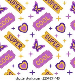Girly pattern with cool cute stickers in y2k style. Vector illustration.