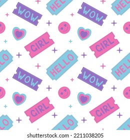 Girly pattern with cool cute stickers in y2k style. Vector illustration.