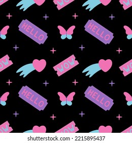 Girly pattern with cool cute stickers in y2k style. Vector illustration.