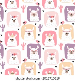 Girly pattern with cute llamas, childish seamless background, hand drawn vector illustration. Perfect for fabric, textile, wallpaper.