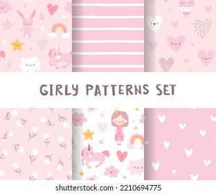 Girly pattern pink collection. Cute seamless vector prints set. Baby patterns bundle  for apparel and textile.