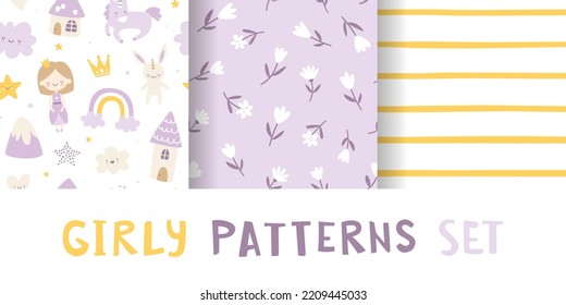 Girly pattern purple collection. Cute seamless vector prints set. Baby patterns for apparel and textile.