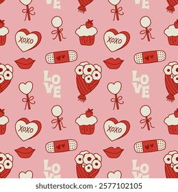 Girly pattern with stylized illustrations. Hand drawn vector pattern. Patch, lips, flower bouquet, cupcake and lolipops. Illustration for wrapping paper, wallpaper, clothing and more.