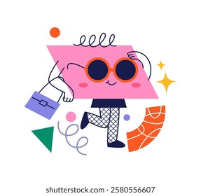 Girly personage in geometric shape figure. Vector cartoon character, sticker or emoji. Isolated girl wearing skirt and sunglasses, modern and creative mascot or emoticon for social media
