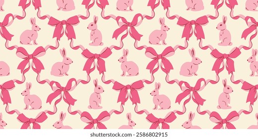 Girly pink bows and bunnies seamless pattern vector illustration with ribbon in diamond shape. Wrapping paper design to gift boxes or fabric design.