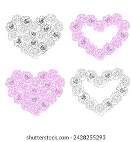 Girly pink camellia flower hearts frame set, hand drawn floral elements for Valentines day. Vector illustrations for card or invitations.