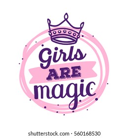 Girly pink color handwritten vector inscription with line art crown and ribbon on white  background with circle. Calligraphic text. Hand drawn design for print, apparel, t-shirt, sticker, poster, card