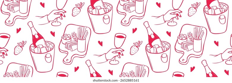 Padrão de rabiscar rosa-menina com champanhe, copo de vinho e morango. Lanche de vinho, queijo. Para decoração de festa e embalagem, menu. Ilustração de vetor de contorno desenhado à mão para design de estilo de vida moderno.