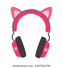 Girly pink gaming headset with cat ears, hand drawn vector illustration in flat design, isolated on white