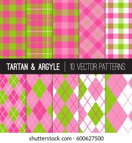 Girly Pink Green Golf Patterns: Argyle, Tartan And Gingham Plaid. Preppy Style Women's Golf Fashion Backgrounds.  Perfect For Charity Golf Events Or Birthday Party Decor. Vector Tile Swatches Included