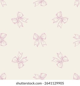 Girly pink ribbon bow vector seamless pattern in retro vintage style for wallpaper background, fabric design, scrapbooking. Flat blue girly illustrations