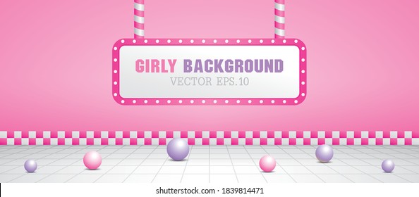 Girly pink scene with light bulb in retro style 3D illustration vector. 