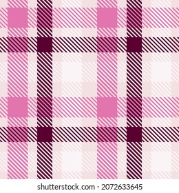 Girly pink seamless plaid vector pattern. Gingham bright color checker background. Woven tweed all over print. 