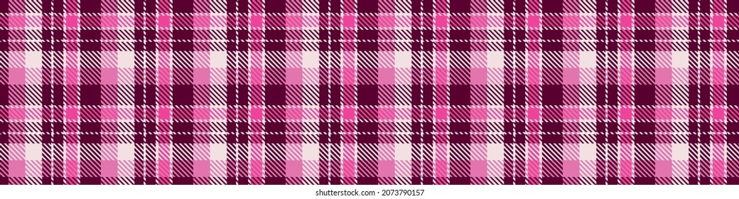 Girly pink seamless plaid vector border. Gingham bright color checker banner. Woven tweed edging. 