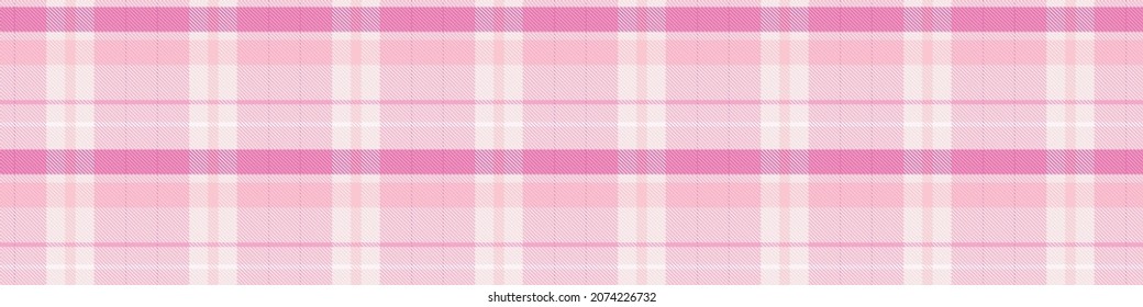 Girly pink seamless plaid vector border. Gingham bright color checker banner. Woven tweed edging. 