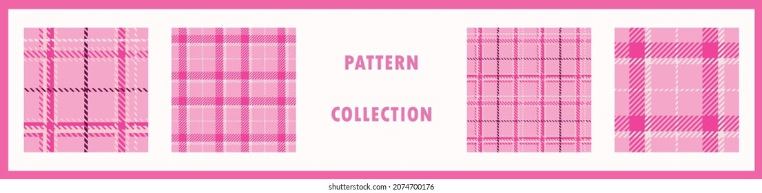 Girly pink seamless plaid vector pattern collection. Gingham bright color checker background set. Woven tweed all over print