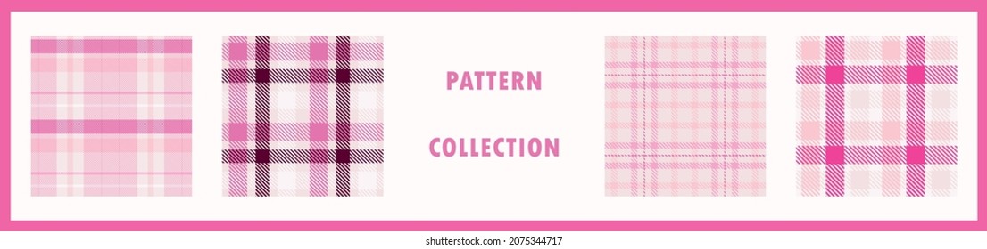 Girly pink seamless plaid vector pattern collection. Gingham bright color checker background set. Woven tweed all over print
