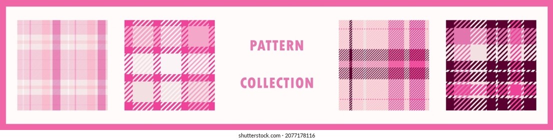 Girly pink seamless plaid vector pattern collection. Gingham bright color checker background set. Woven tweed all over print
