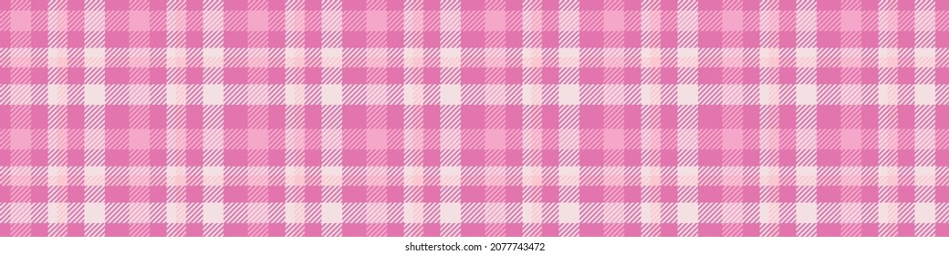 Girly pink seamless plaid vector border. Gingham bright color checker banner. Woven tweed edging. 