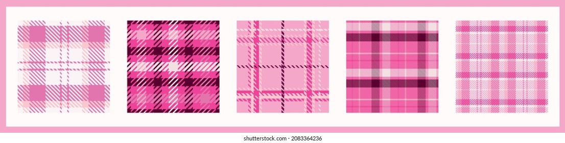 Girly pink seamless plaid vector pattern collection. Gingham bright color checker background set. Woven tweed all over print