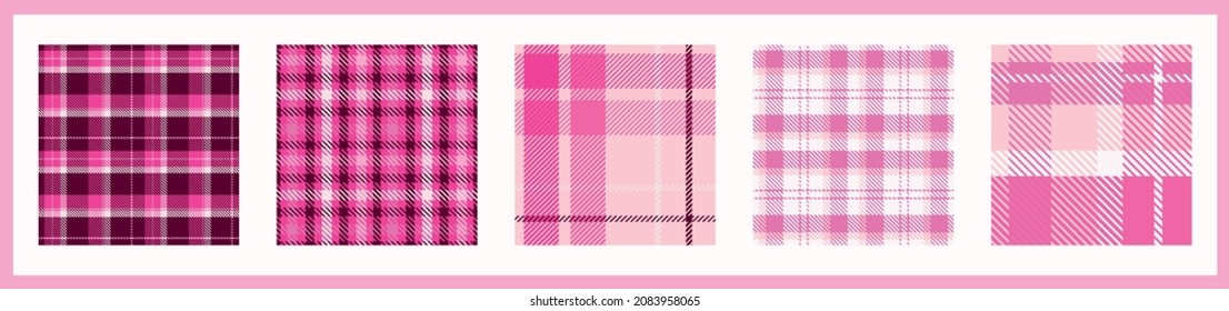 Girly pink seamless plaid vector pattern collection. Gingham bright color checker background set. Woven tweed all over print