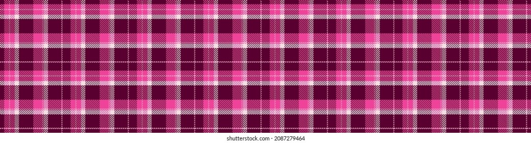 Girly pink seamless plaid vector border. Gingham bright color checker banner. Woven tweed edging. 