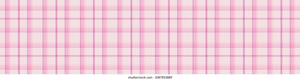 Girly pink seamless plaid vector border. Gingham bright color checker banner. Woven tweed edging. 
