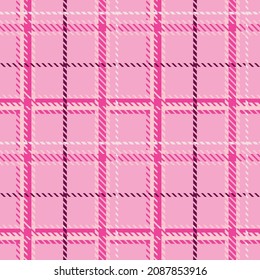 Girly pink seamless plaid vector pattern. Gingham bright color checker background. Woven tweed all over print. 
