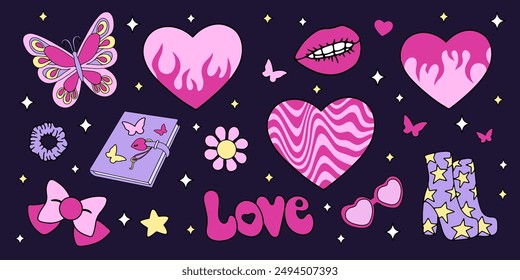 Girly pink stickers set. Cute vector elements 
