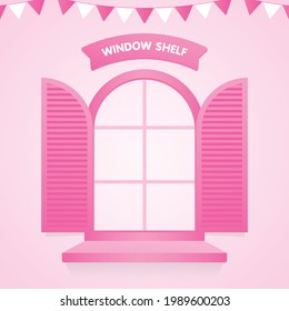 Ventana de color rosa brillante con estante y signo en fondo pastel 3d vector de ilustración para poner el objeto