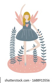 Girly poster with a fairy. Baby clipart. Magic kids vector illustration. Card, print with white background