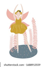 Girly poster with a fairy. Baby clipart. Magic kids vector illustration. Card, print with white background