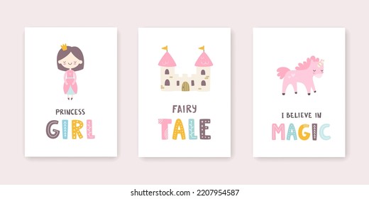 Girly Poster Set With Princess, Castle And Unicorn. Fairytale Prints Collection For Baby Girl Wall Art.