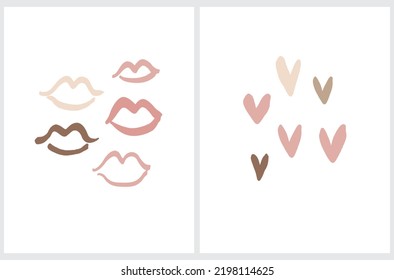 Girly Print with Tiny Hearts and Sweet Lips on a White Background. Simple Vector Illustratios with Love Symbol and Pink Lipstick Trace ideal for Card, Wall Art, Poster, Girls' Room Decoration.