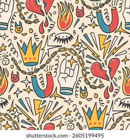 Girly punk rock crayon seamless pattern. Graffiti doodle marker endless background. Naive scribble hors, fire, crown repeat cover. Crayon beige continuous ornament. Vector hand drawn illustration.