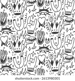 Girly punk rock crayon seamless pattern. Graffiti doodle marker endless background. Naive charcoal hors, fire, crown repeat cover. Ink continuous monochrome ornament. Vector hand drawn illustration.